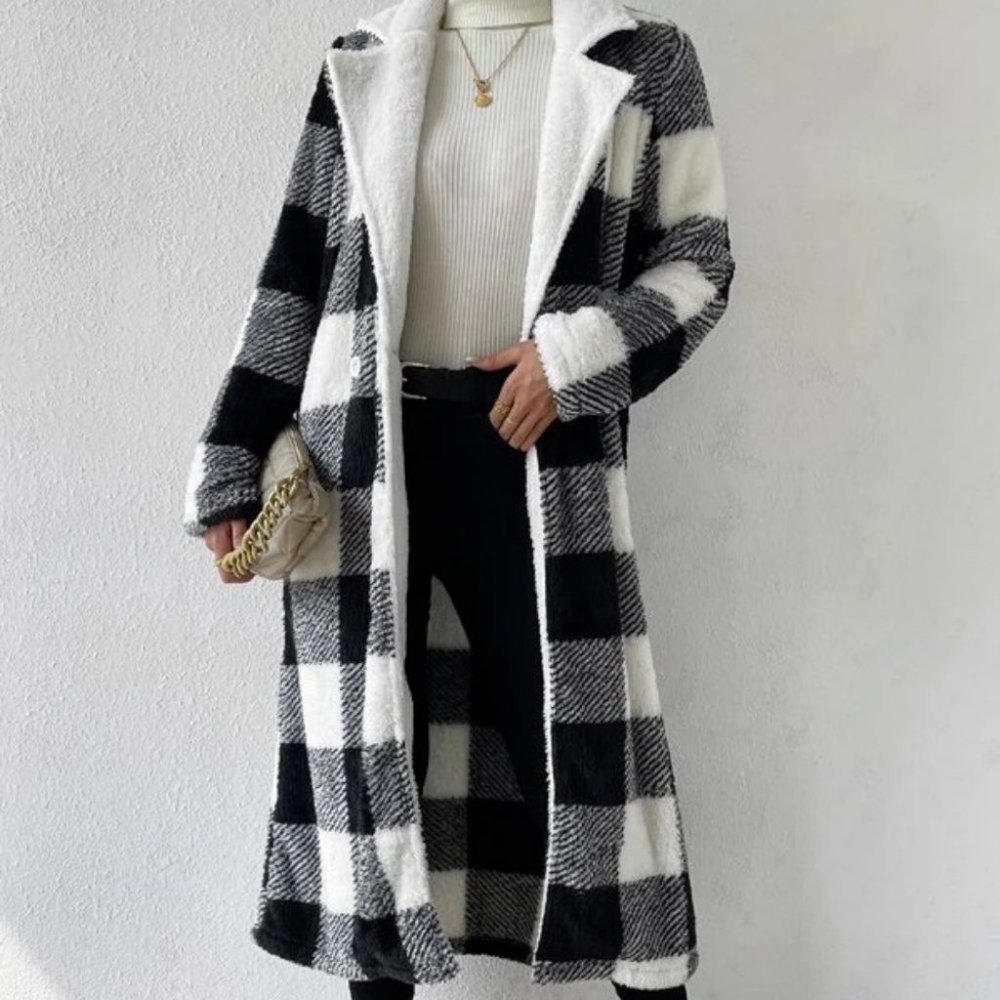 Buffalo Plaid Open Front Flannel Longline Coat Jacket Black white - Picture 4 of 6